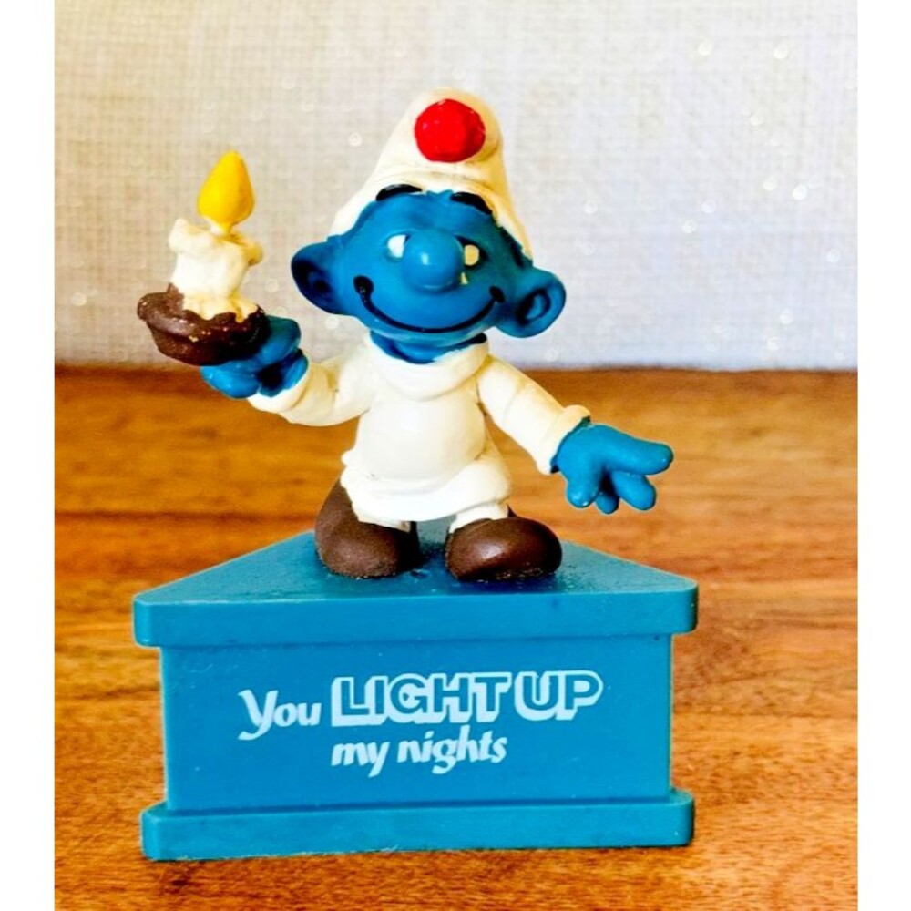 Smurf-A-Gram "You Light Up My Nights" Candle Smurf on Triangle Base 3.5" X 2.5"
